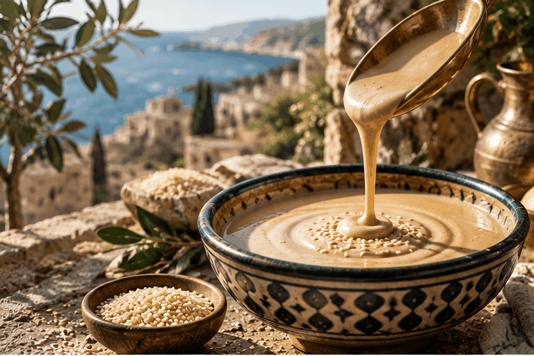 Tahini being poured into a ceramic bowl