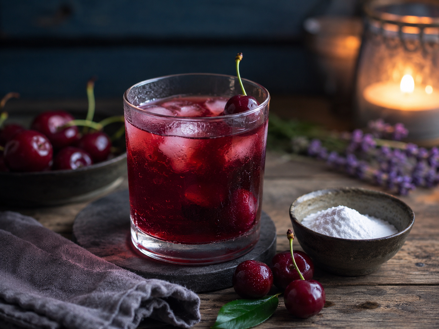 Iced tart cherry drink with cherries on a rustic table.