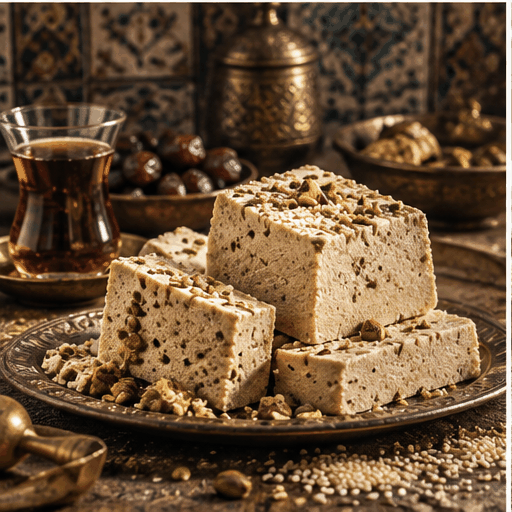 Pistachio-studded sesame halva served with Turkish tea.