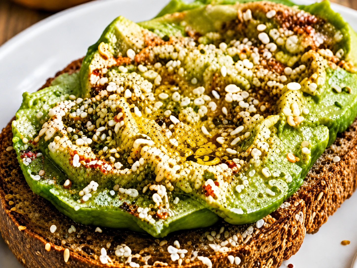 Avocado toast finished with hemp hearts, herbs and a drizzle of oil.