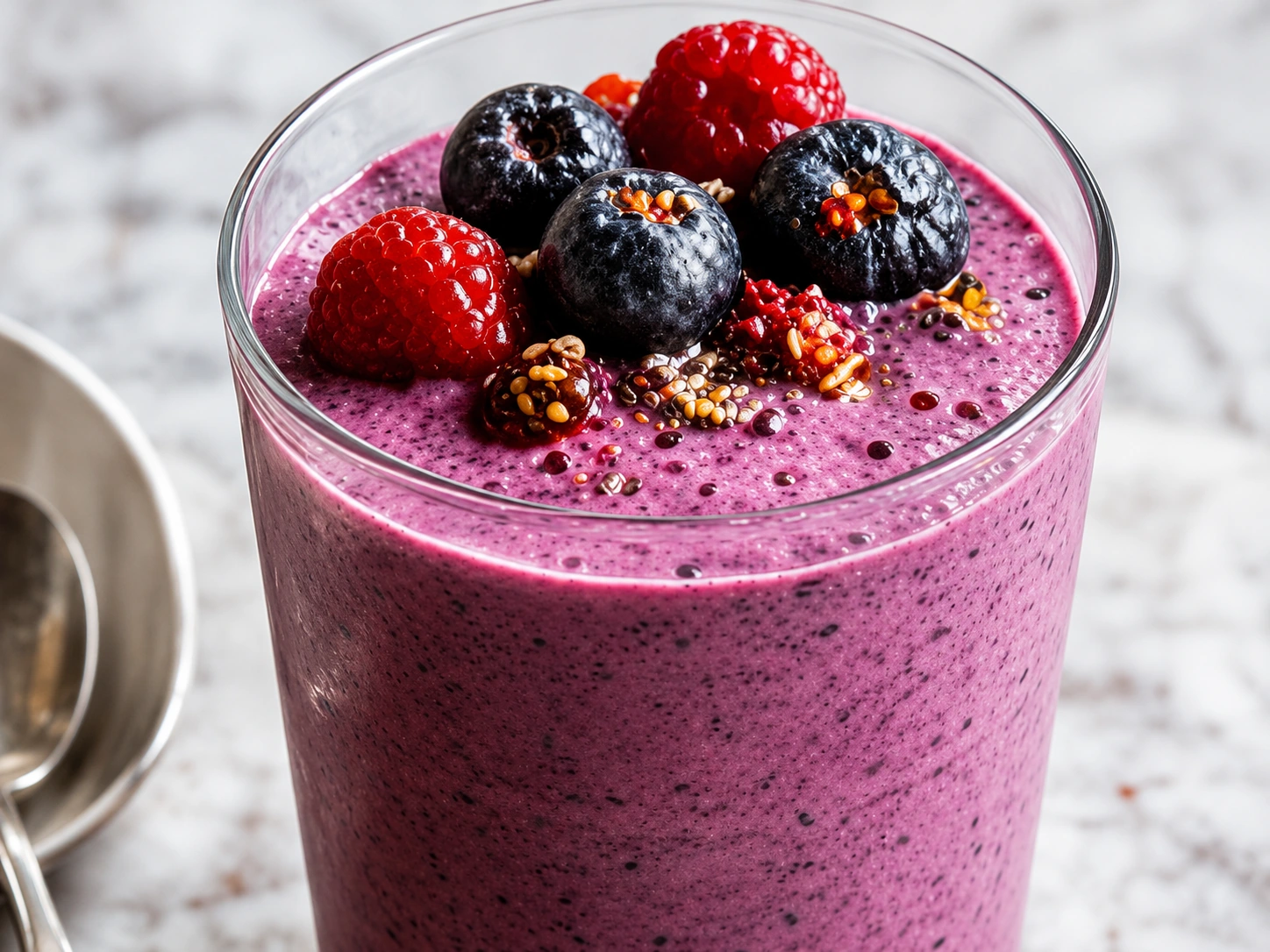 Thick berry banana smoothie topped with fresh berries.