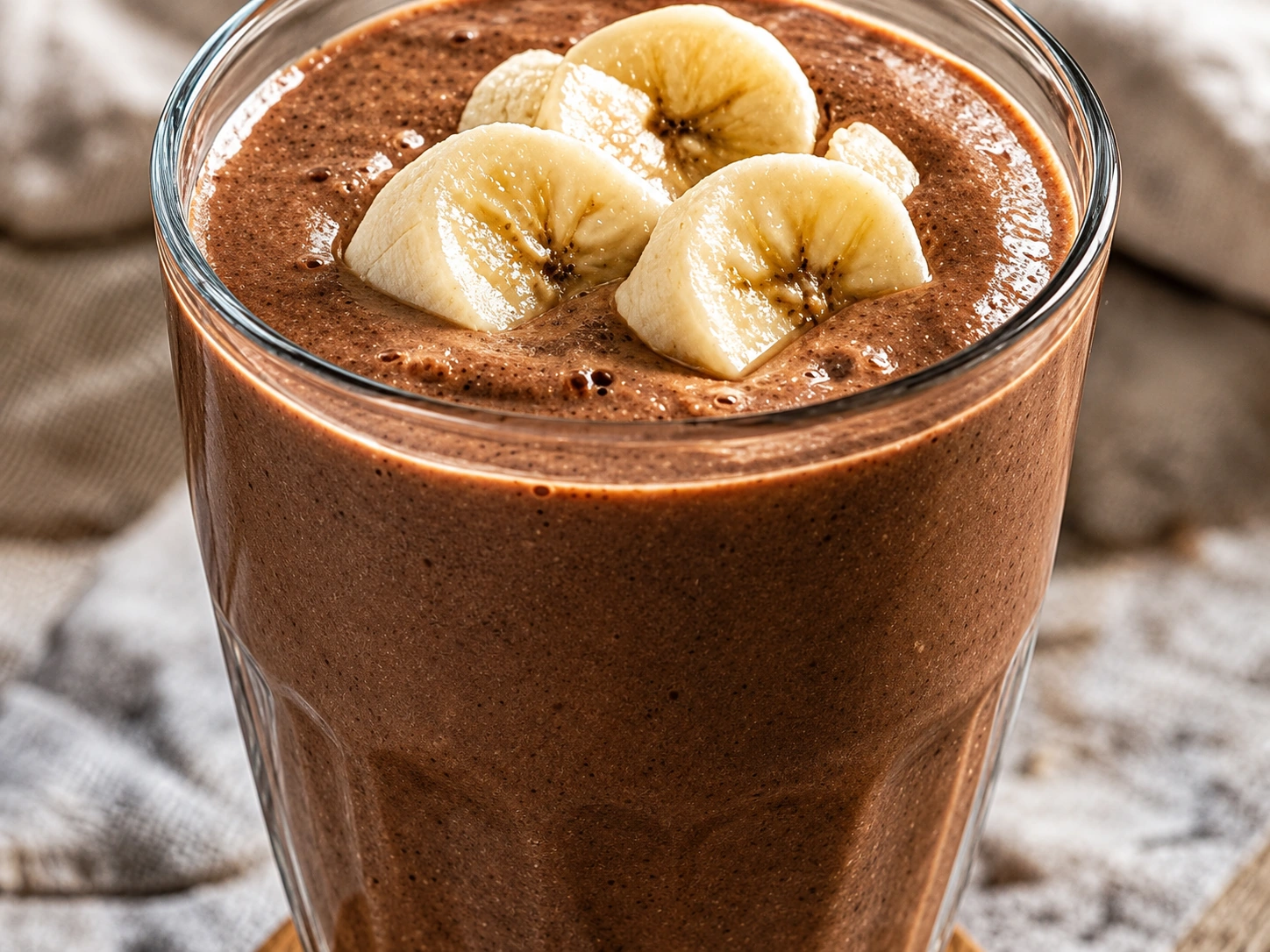 Chocolate almond butter smoothie topped with banana slices.