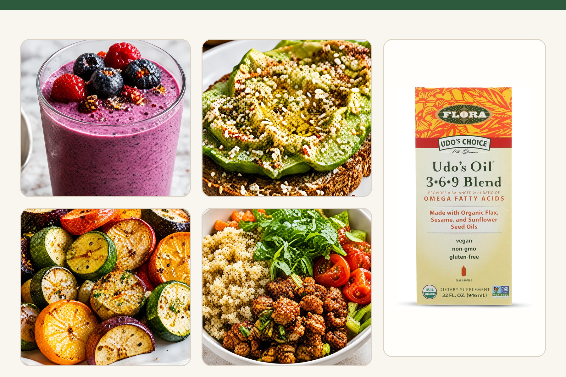 Udo’s Oil surrounded by colourful smoothies, vegetables and grain bowls.