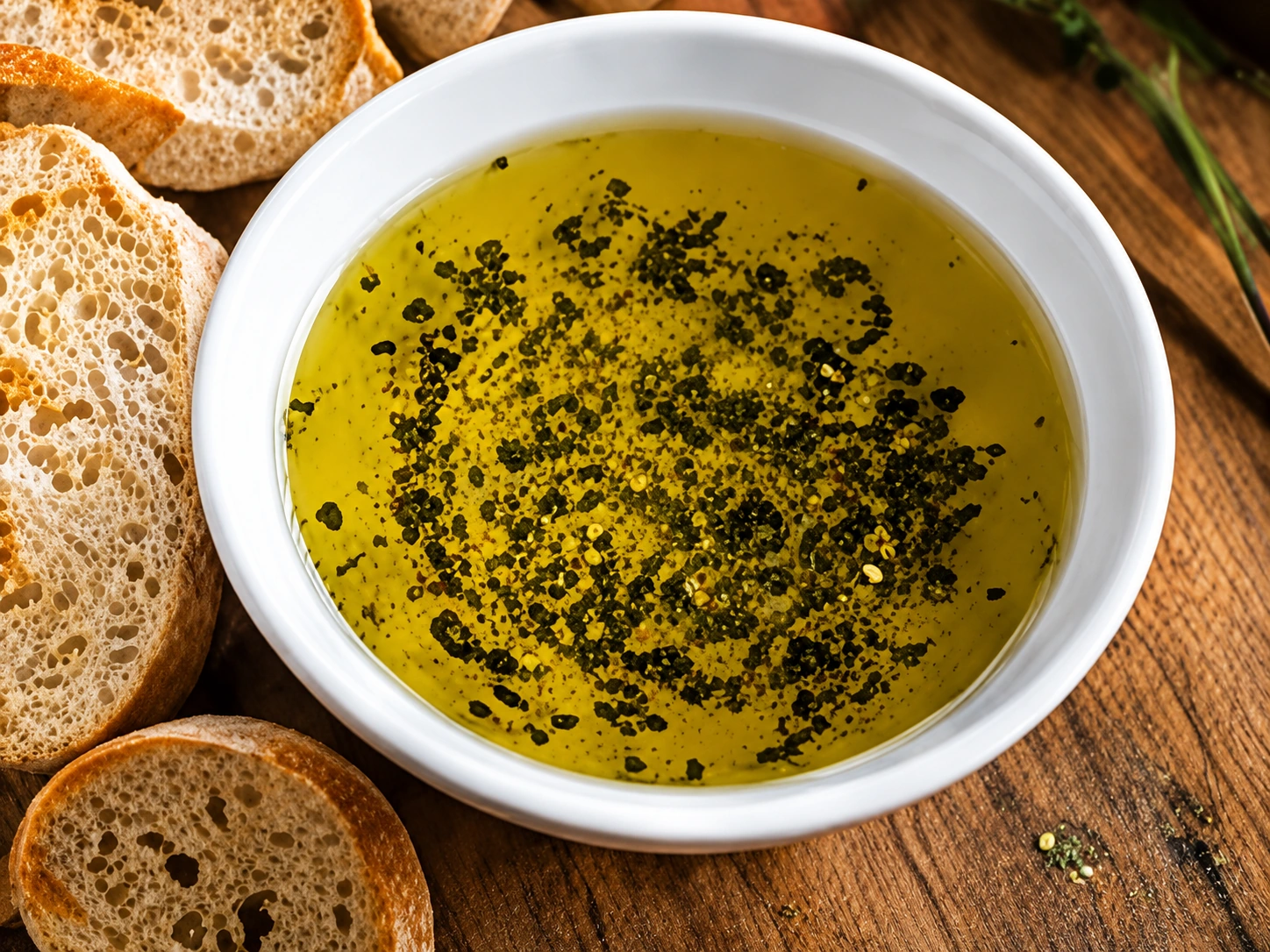 Green herb and tahini dipping sauce beside fresh bread.