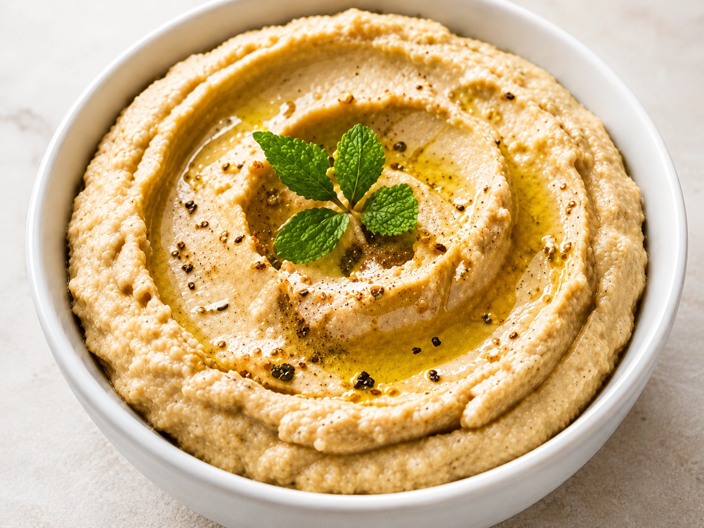 Creamy hummus in a white bowl with herbs and lemon.