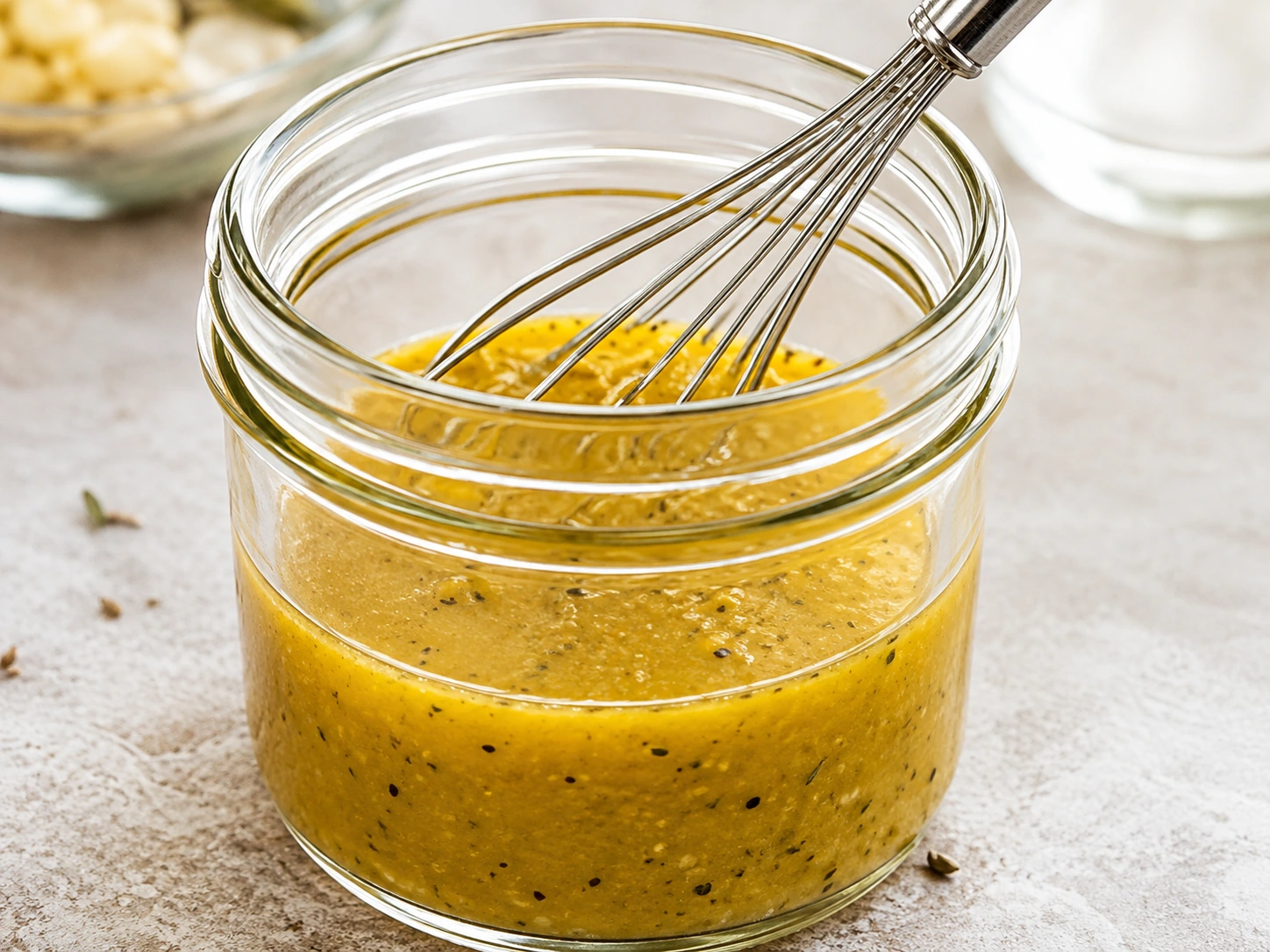 Lemon garlic Dijon vinaigrette whisked in a glass jar.