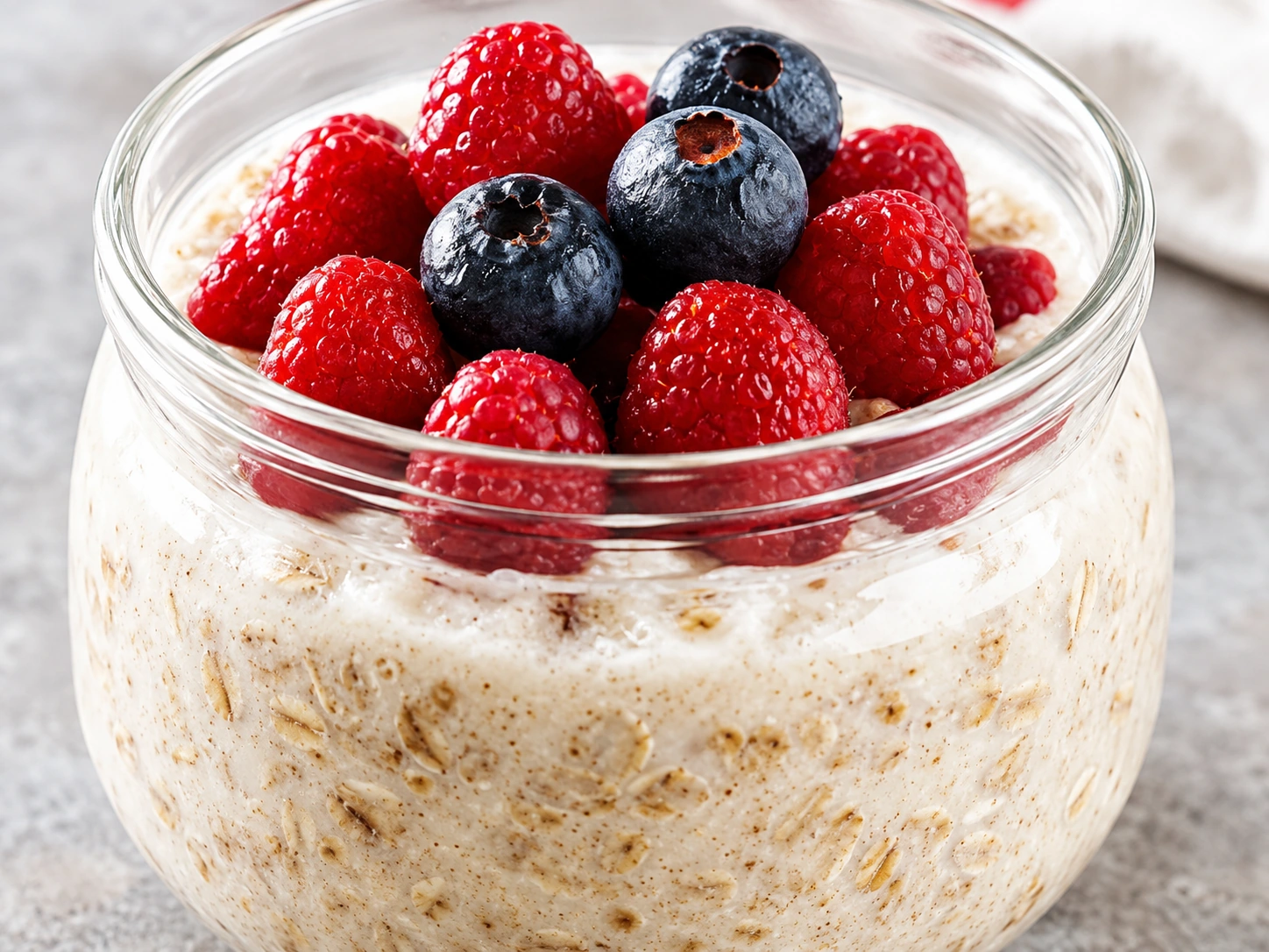 Apple cinnamon overnight oats in a glass jar with berries.