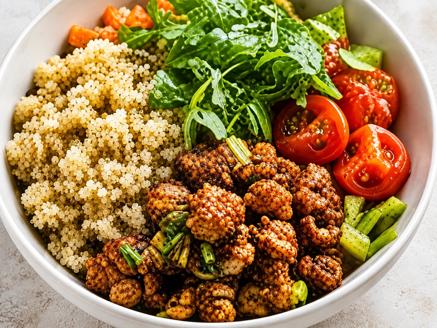 Warm quinoa bowl with colourful vegetables, greens and herbs.
