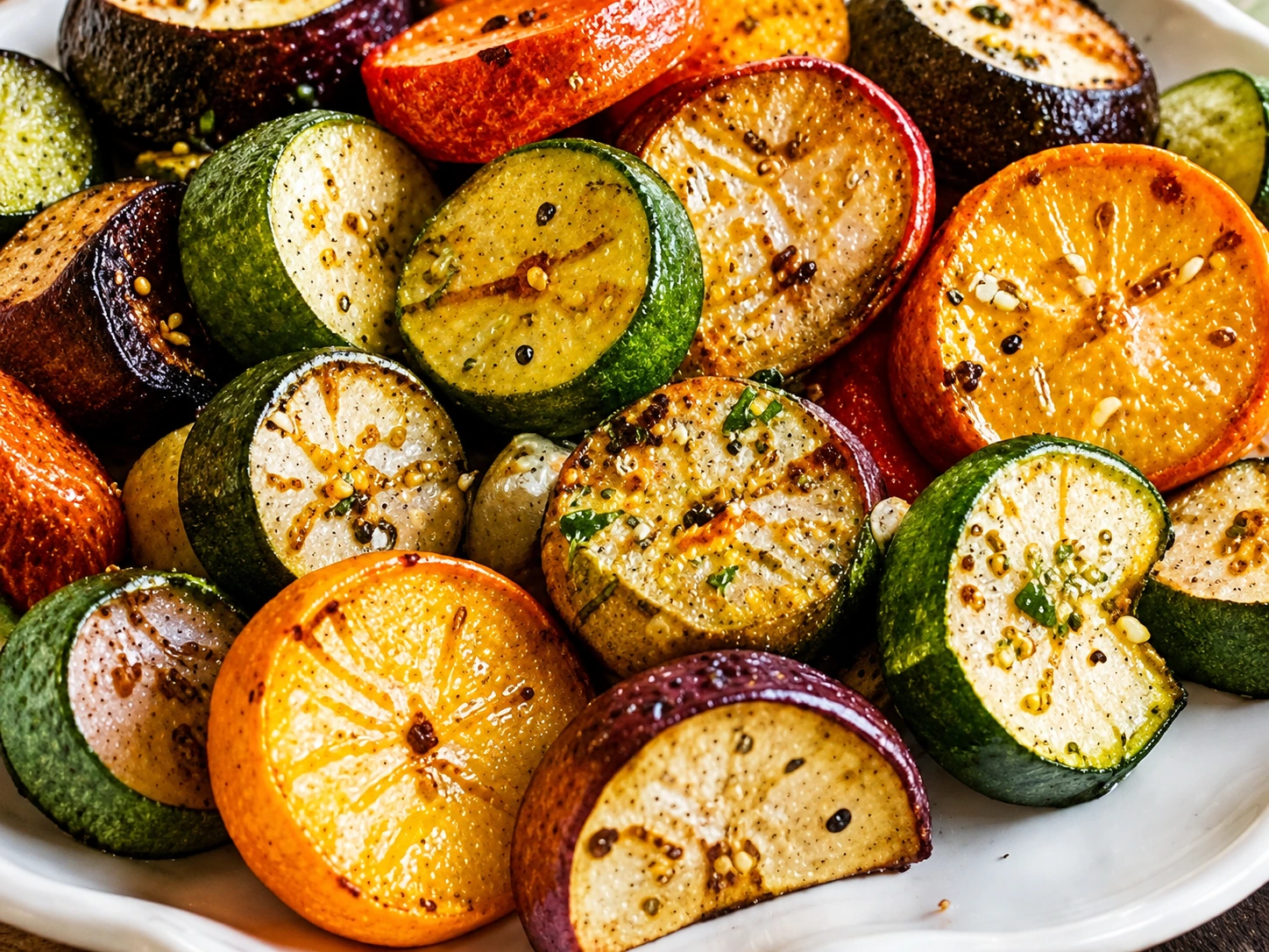 Colourful roasted vegetables with herbs and a finishing drizzle.
