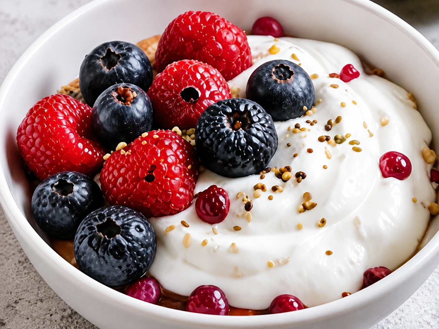 Creamy yogurt bowl topped with berries, walnuts and seeds.