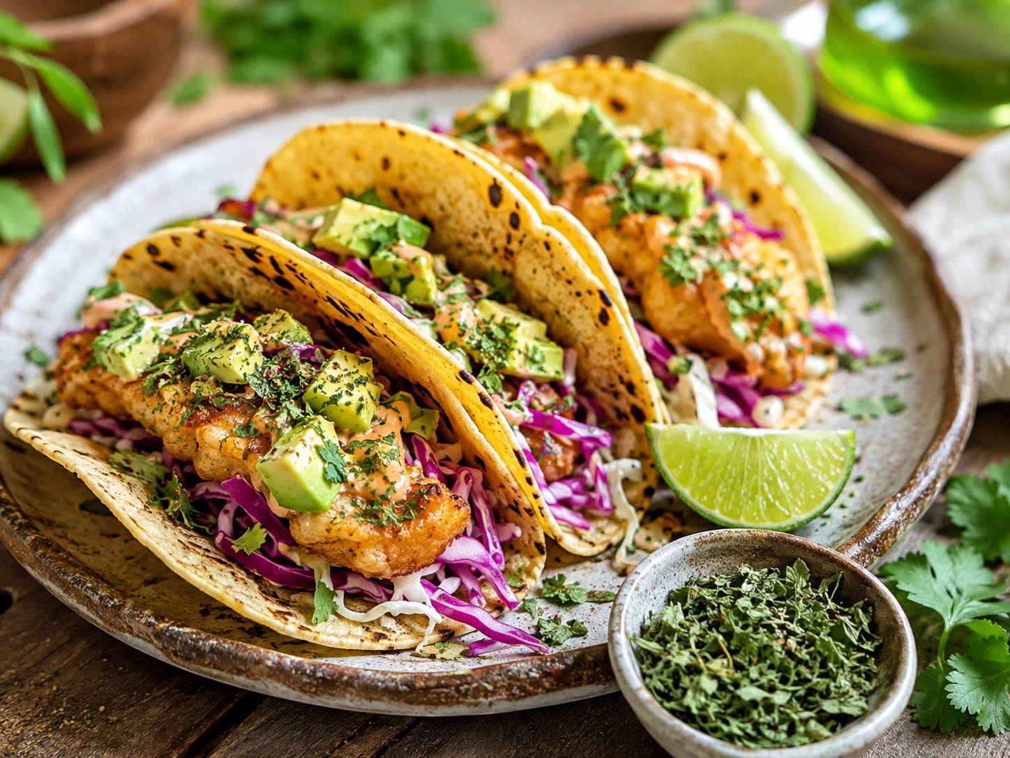 Tacos with cabbage, avocado, lime and dried cilantro leaf