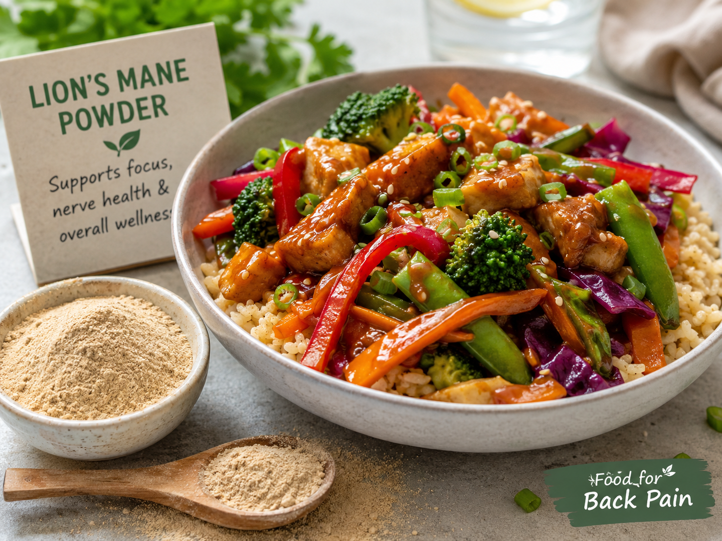 Colourful vegetable grain bowl with lion's mane powder used in the savoury sauce