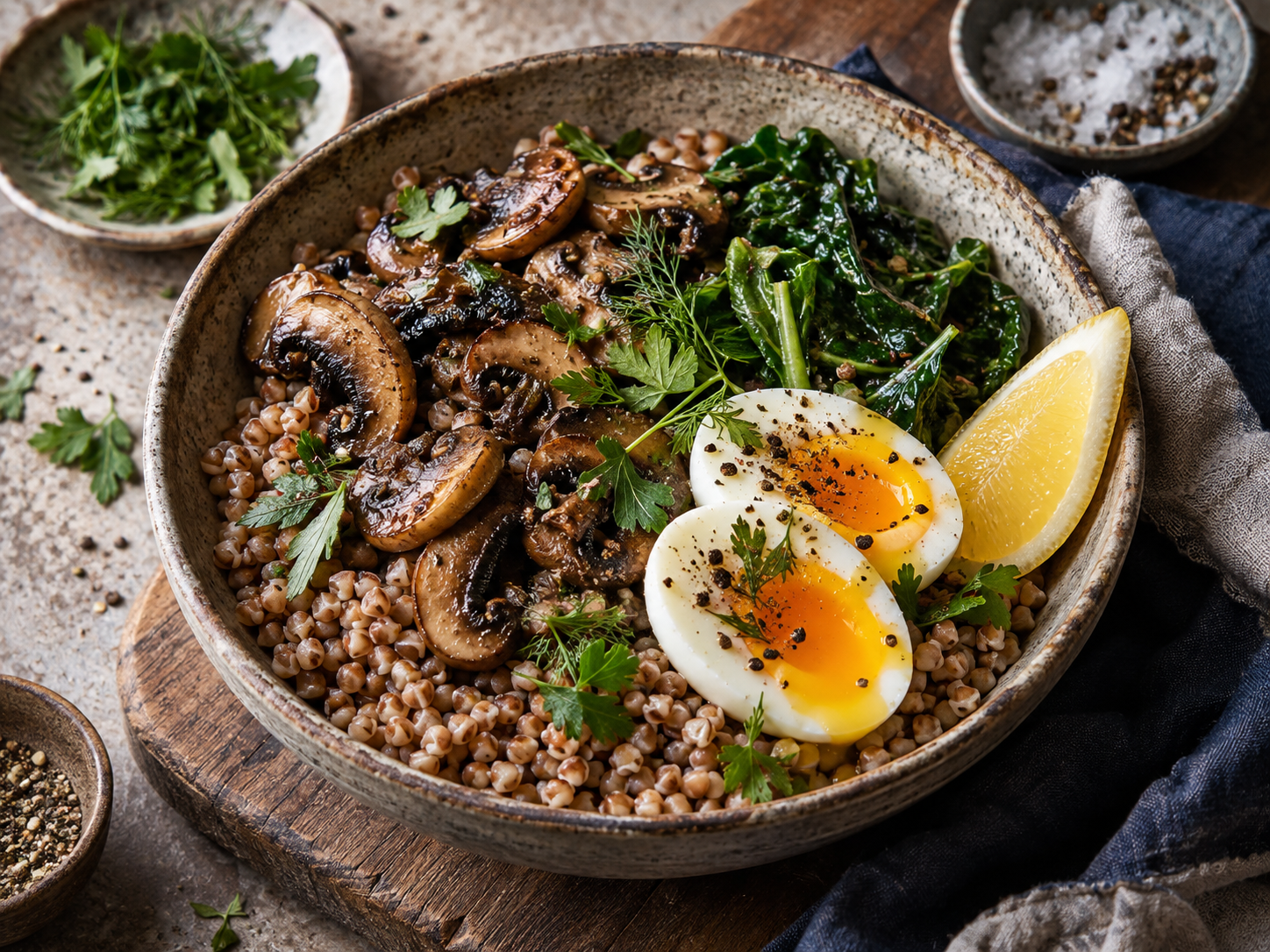 Warm buckwheat bowl with mushrooms, greens, jammy egg, lemon and herbs.
