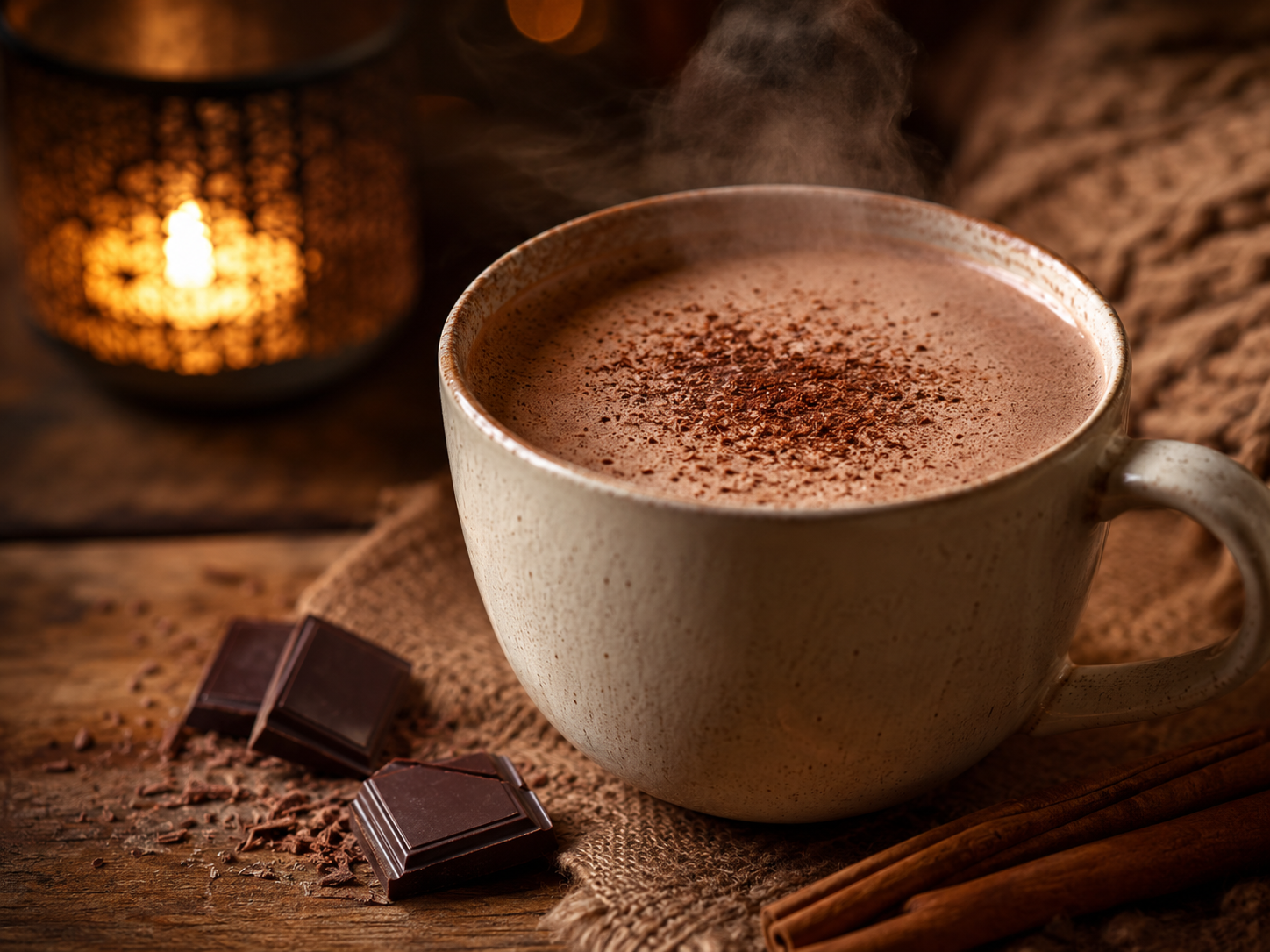 Warm cacao drink in a ceramic mug with candlelight.