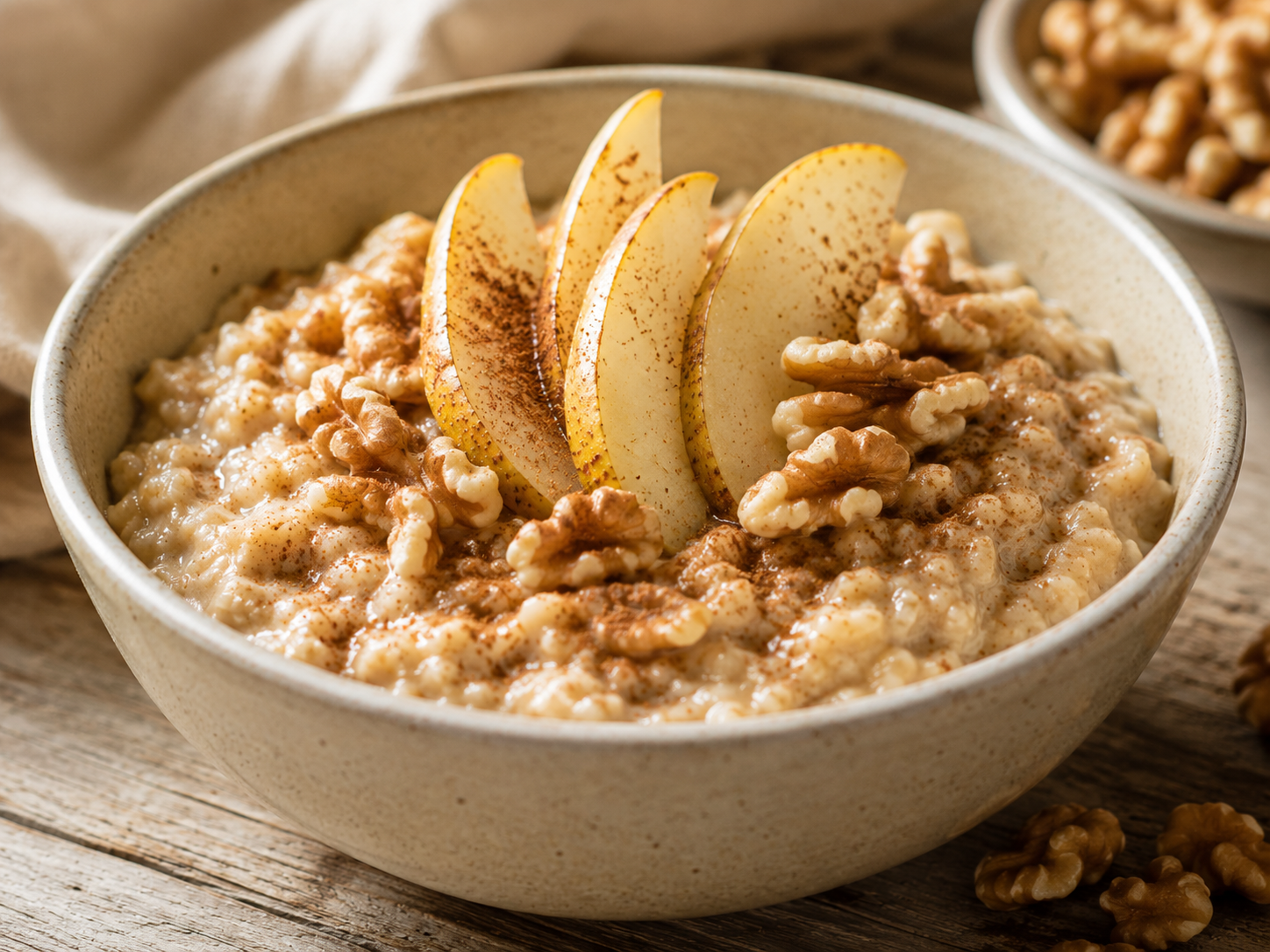 Warm pear and walnut oatmeal dusted with Ceylon cinnamon