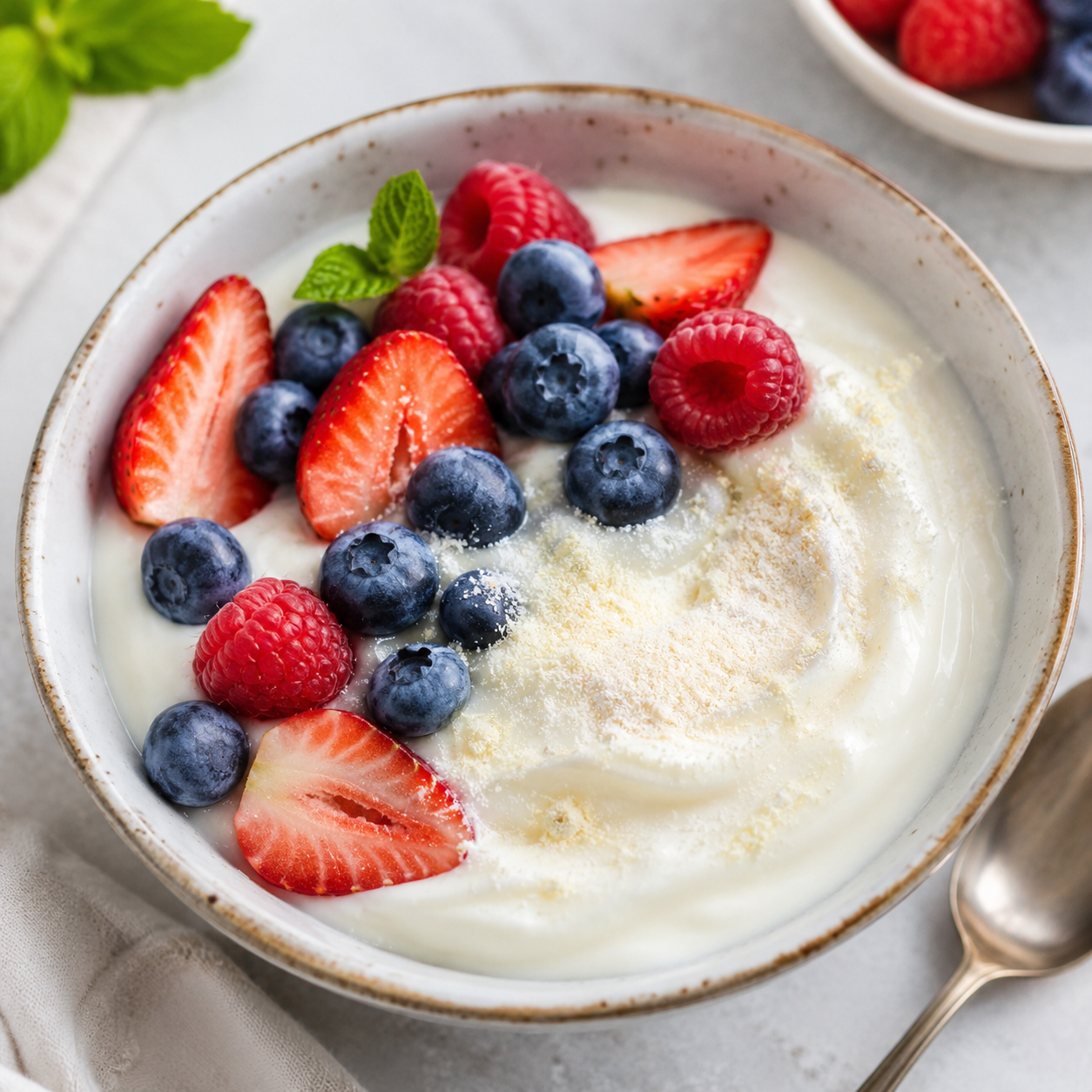 Cold yogurt bowl with berries and vitamin C powder